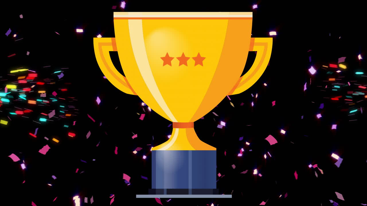 animación de trofeo de oro y confeti cayendo sobre fondo negro