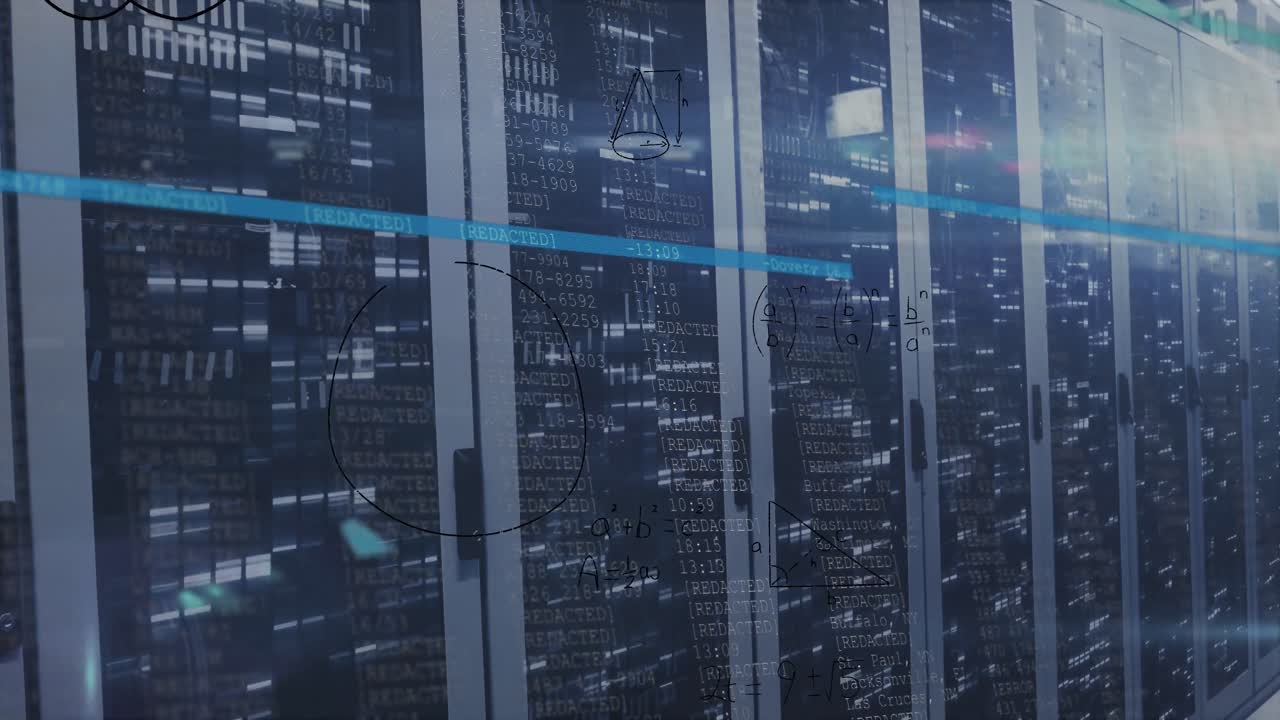Animation of mathematical equation and diagrams over falling bars against server rack in background