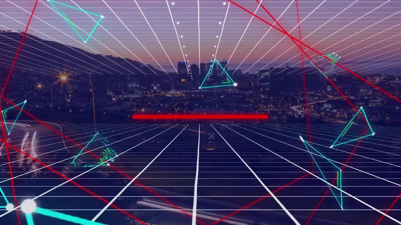 도시 풍경에 있는 파란색 삼각형과 빨간색 선