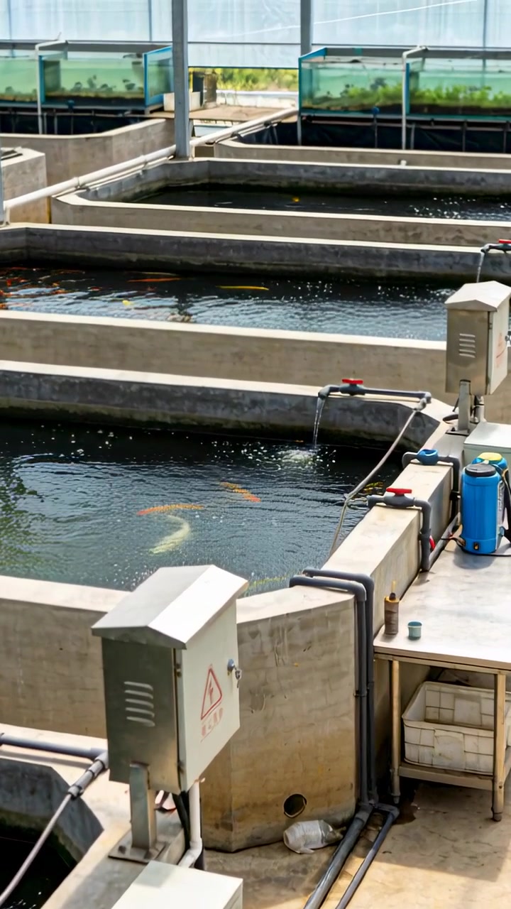 Vertical video: Swimming koi-like fish gathering toward inflow in front tank, piping control box
