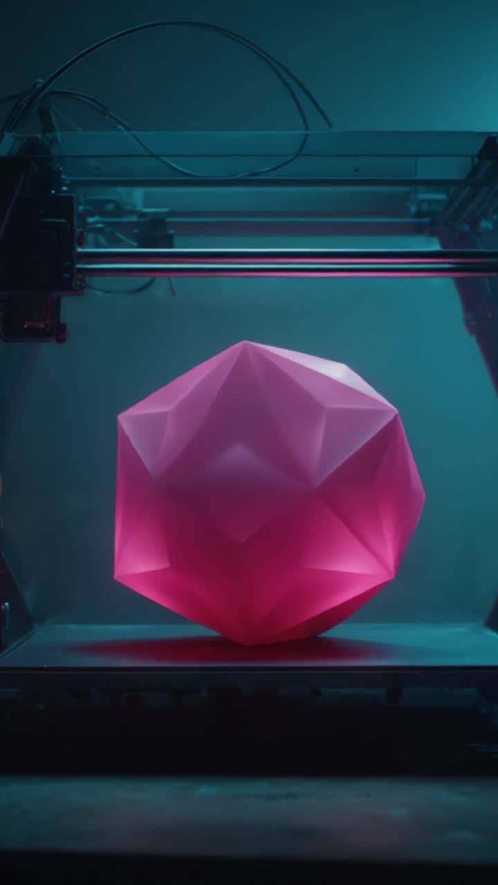 Hipnotyzujący proces druku 3D prezentujący jaskrawo świecący geometryczny kształt, który urzeka misternym wzornictwem i promiennymi przejściami kolorów