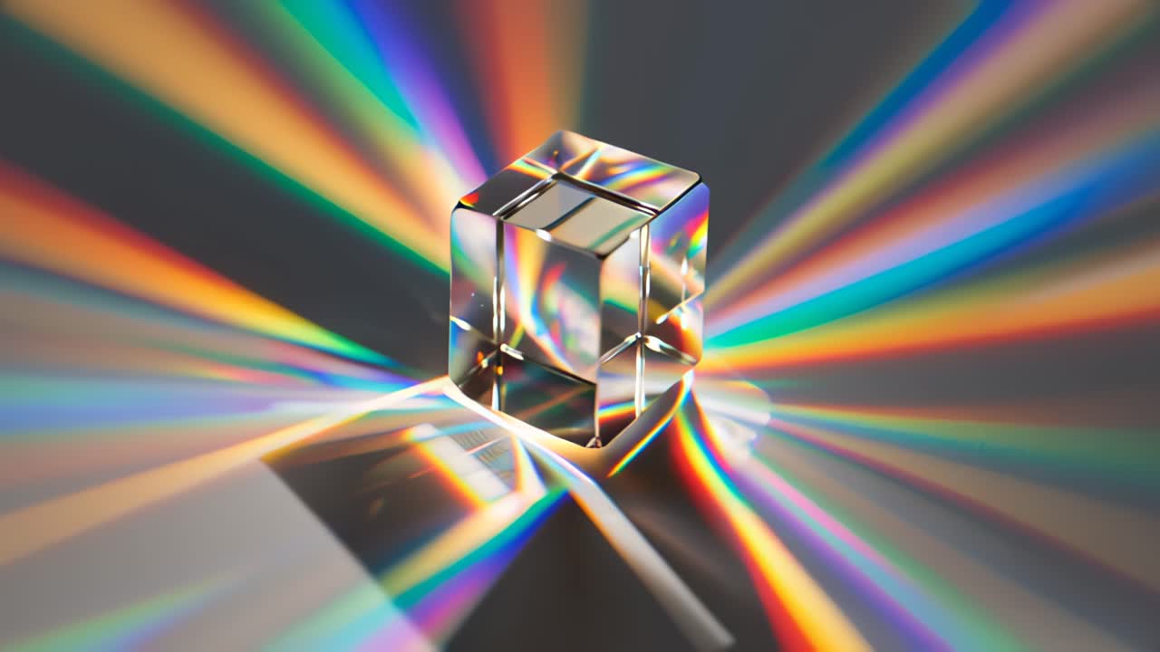 Filmato macro ravvicinato di un cubo di prisma di vetro trasparente che rifrange raggi di luce arcobaleno luminosi su una superficie neutra, creando raggi spettrali astratti e una vivida dispersione del colore per sfondi creativi.
