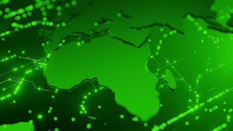 glowing green 3d map highlighting europe, parts of asia, and africa with illuminated network connections on a dark background. futuristic concept of global data, technology, and connectivity vertical