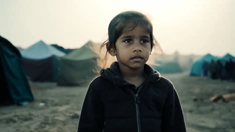 una joven refugiada se encuentra en un campamento de refugiados, enfrentando los desafíos del desplazamiento y anhelando un futuro más brillante