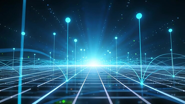 Zooming camera revealing glowing grid moving toward bright horizon flare, highlighting pillars