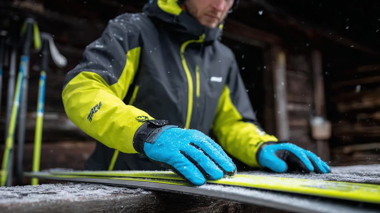 Preparing for Winter Adventures: An Enthusiast Tuning Skis with Care in a Snowy Environment, Showcasing Precision and Attention to Equipment Maintenance