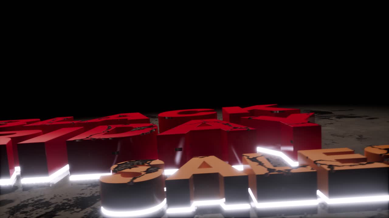 las ventas del viernes negro firman estilo grunge, en una pared de hormigón, con grietas y suciedad por todas partes, con letras de color rojo y luz de neón detrás de ellas, la cámara de animación 3d se aleja desde abajo