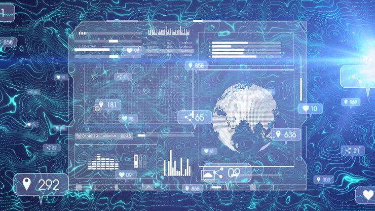 Digital data and global statistics animation over abstract blue background with wave patterns
