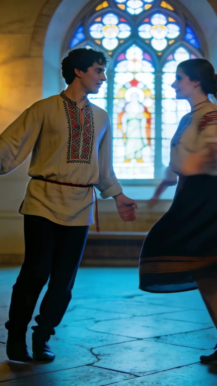 Video verticale: Uomo che guida un duo che esegue passi di danza folk in una sala con una vetrata colorata, indossando una fascia folk.