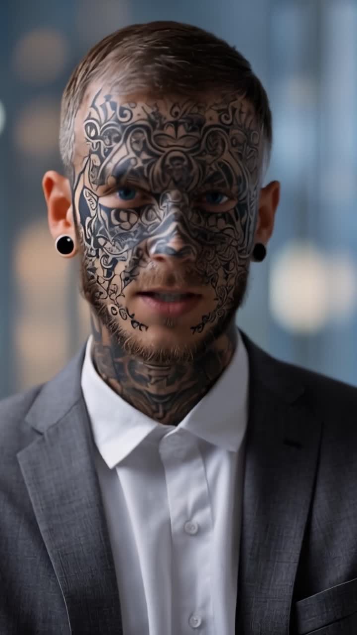 Uomo indossa un abito formale, adornato da tatuaggi completi sul viso. Guarda direttamente, mostrando un'espressione calma e intensa. Pelle tatuata, piercing scuri e abbigliamento raffinato creano un contrasto sorprendente.