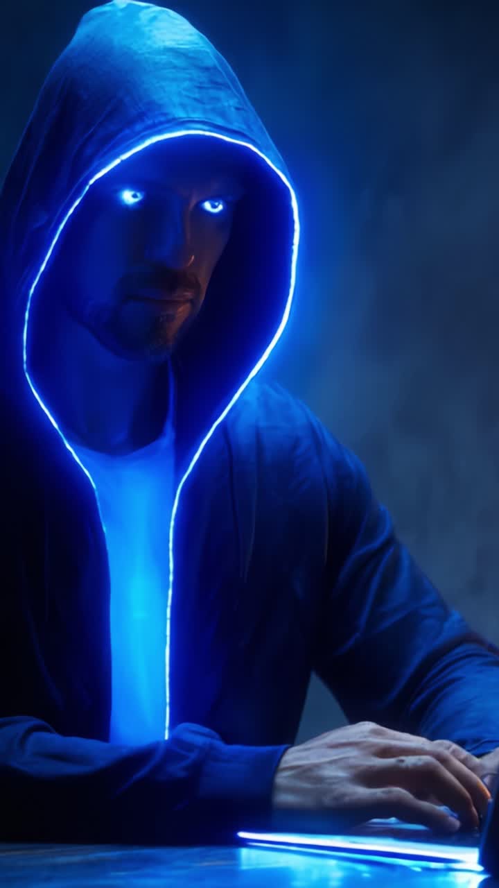 Una figura misteriosa con una felpa scura con dettagli blu luminosi, intensamente concentrata sul proprio compito, evoca un’atmosfera futuristica e tecnologica