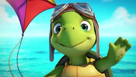 a cheerful animated turtle wearing aviator goggles waves joyfully against a vibrant ocean backdrop, showcasing a fun and adventurous spirit perfect for children's entertainment