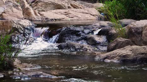 shallow rocky brook, water cascade on rocks in pristine tranquil scenery