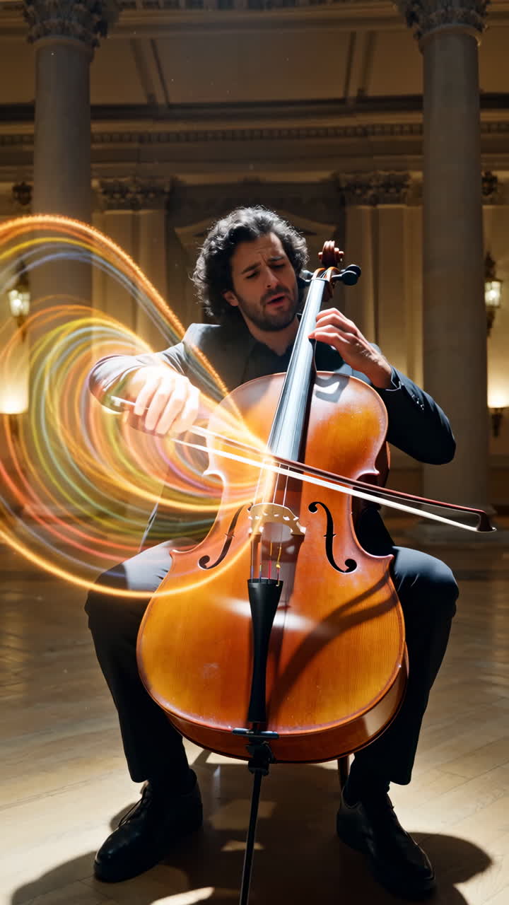 A cellist performs classical music with dynamic light effects in a grand hall