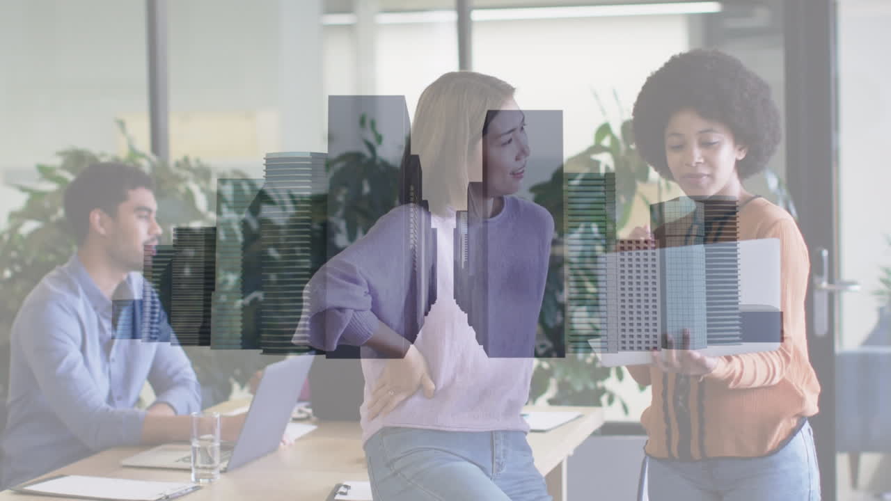 사무실에 있는 다양한 사업가들에 대한 도시 풍경의 애니메이션