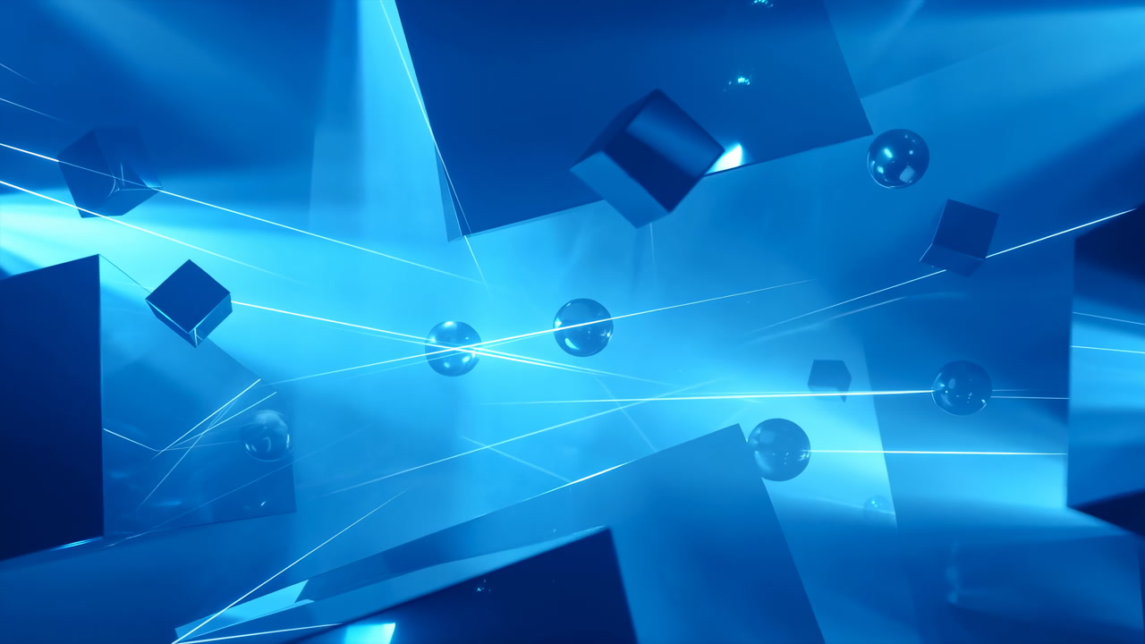 Blue Abstract Dimensional Shapes Floating Through Neon Lit Digital Space With Cubes, Spheres, Luminous Beams,