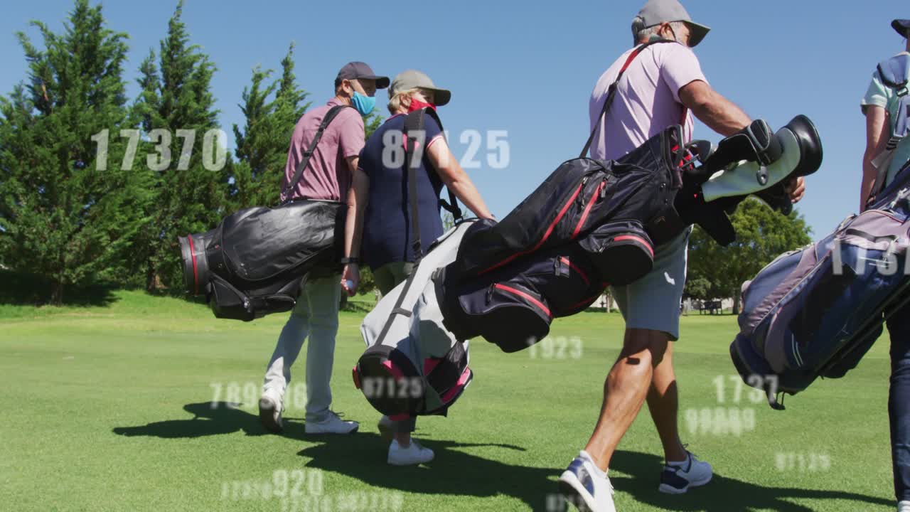 Four golfers walking on fairway playing golf camera pulling back causing numeric overlay over scene