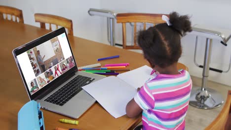 Schoolgirl-using-laptop-for-online-lesson-at-home,-with-diverse-teacher-and-class-on-screen