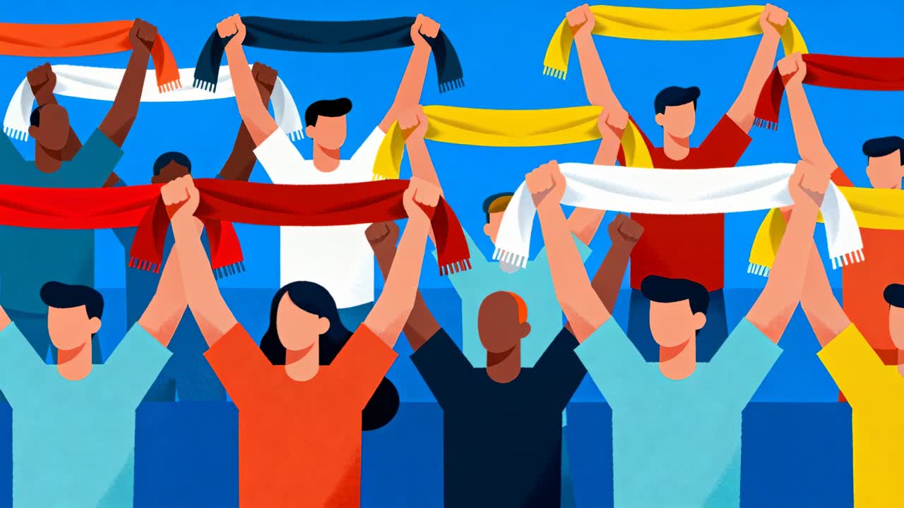 Frames cueing crowd raising and aligning scarves in stands, showing support wearing bright shirts