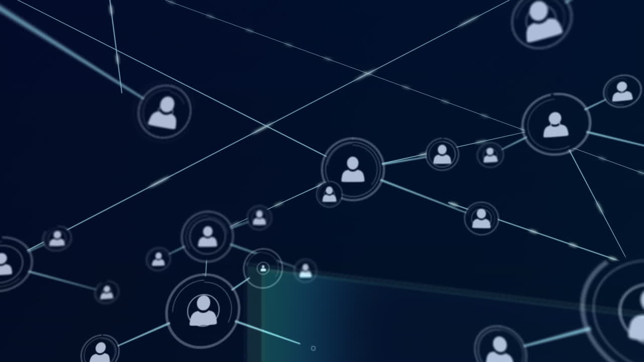 Animation of network of connections with icons on dark background