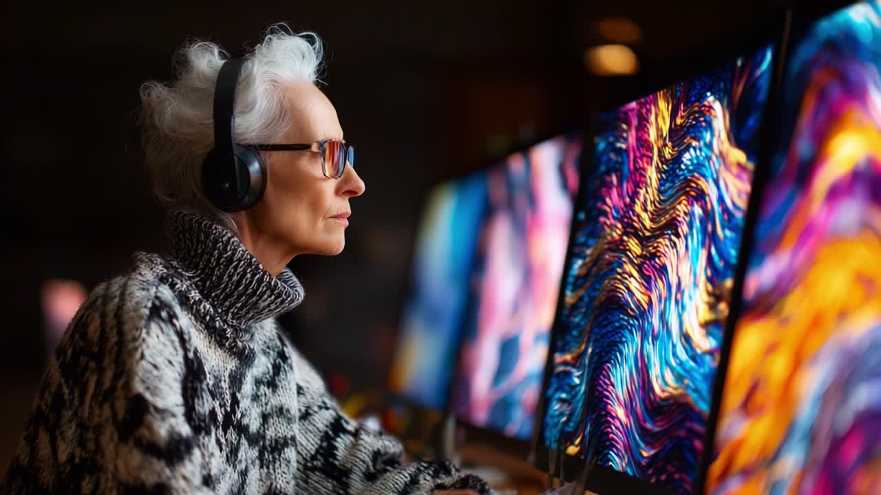 A focused elderly woman wearing headphones engages with vibrant digital screens showcasing colorful abstract visuals, highlighting the intersection of technology and creativity in her workspace