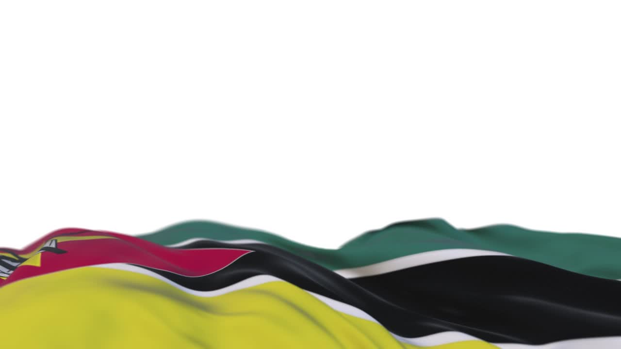 Mozambique fabric flag waving on the wind loop. Mozambican embroidery stitched cloth banner swaying on the breeze. Half-filled white background. Place for text. 20 seconds loop.