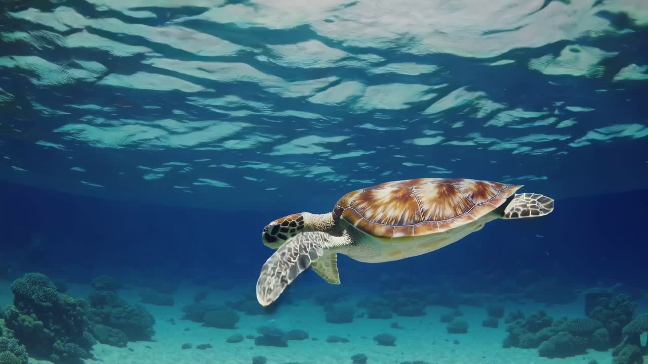 Underwater video of a sea turtle swimming over coral reefs