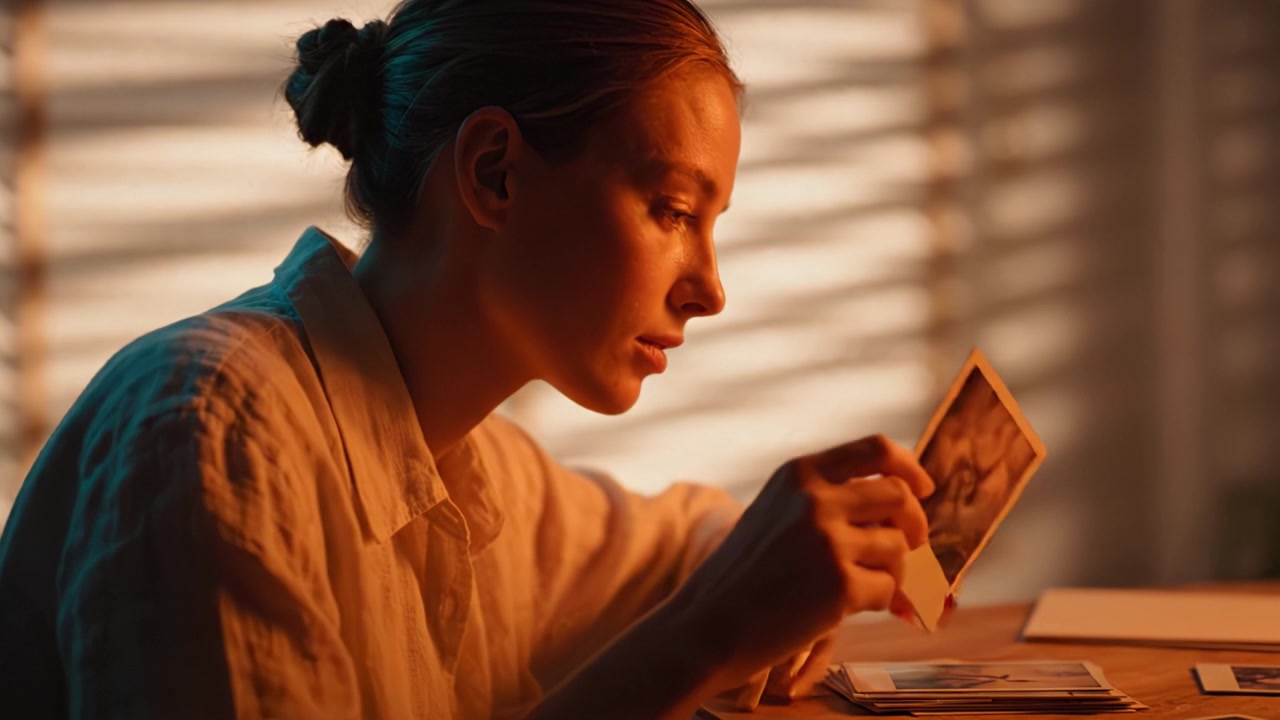 A Contemplative Moment: A Young Woman Deep in Thought by a Lamplight as Warm Hues Bathe Her Profile, Creating an Intimate and Reflective Atmosphere