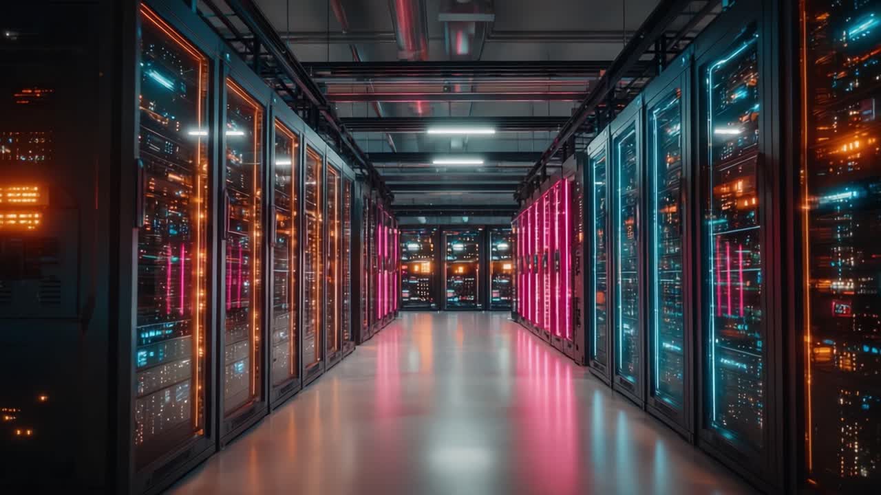 Udforskning af et højteknologisk datacenter: En korridor omkranset af serverracks, der lyser op med neonglød og avanceret teknologi til moderne computing.