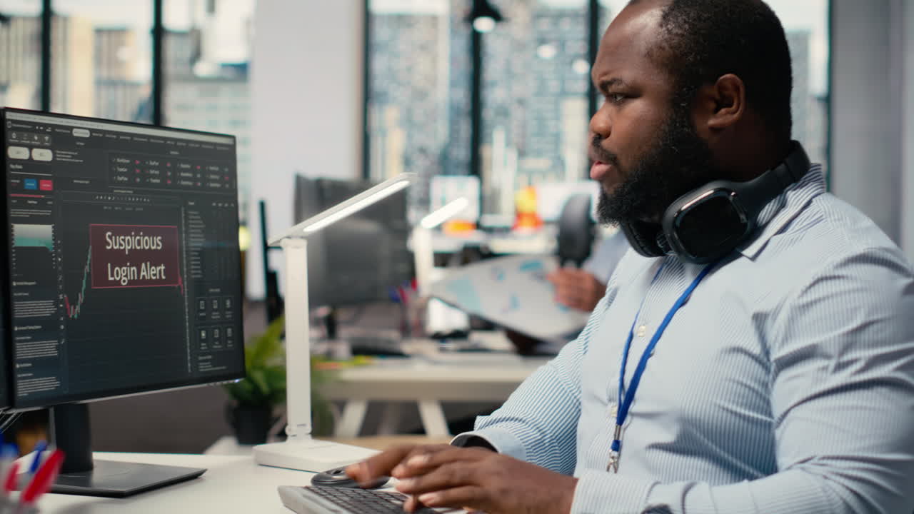 Stressed trader at work investigating suspicious access on trading account
