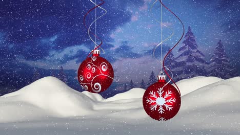 Animation-of-snow-falling-over-red-christmas-baubles-decorations