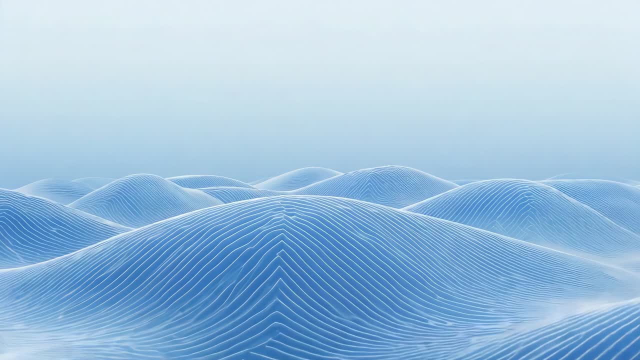 Camera moving forward, lowering in digital dunes emphasizing central blue mounds with white grooves