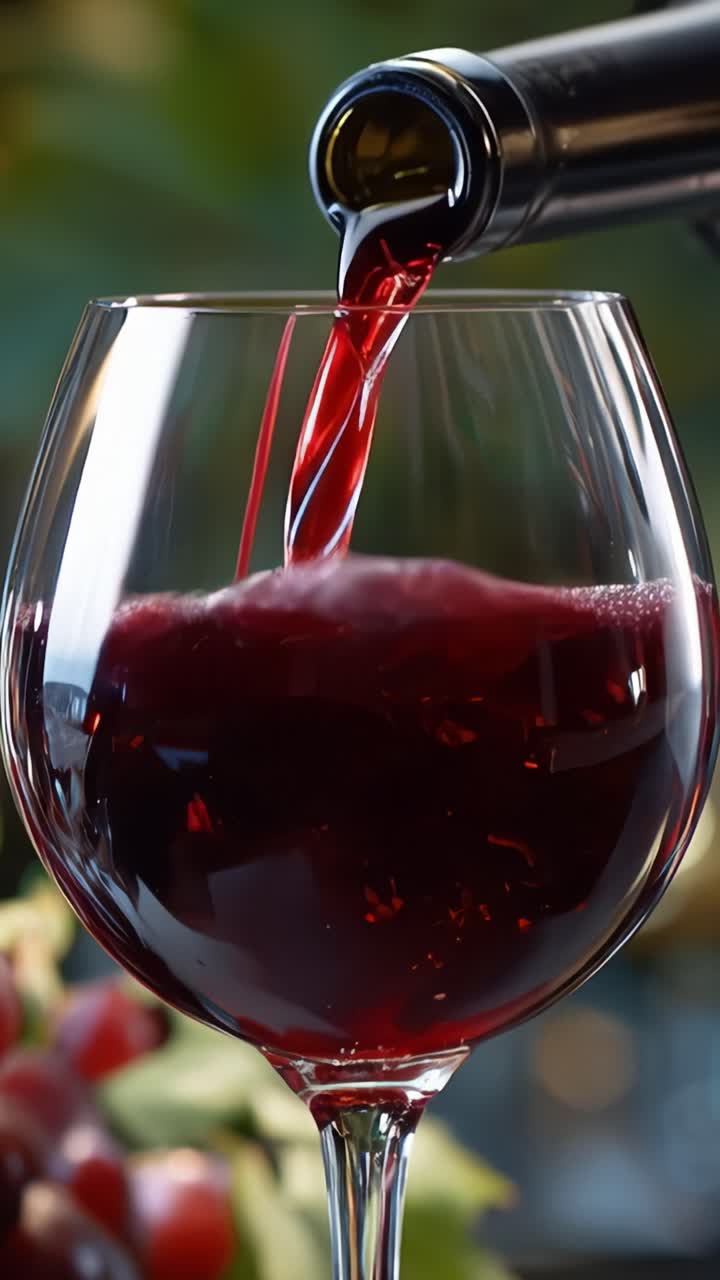 Un Versamento Sofisticato: Vino rosso accattivante che scorre in un bicchiere circondato da uva, catturando l'essenza della buona tavola e dei momenti di relax