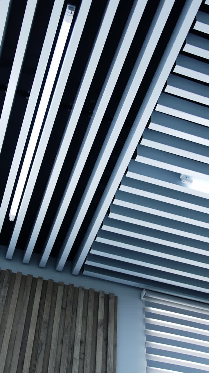 Geometric details in the design of the room. Long ledges with lamps of daylight among them. Vertical video