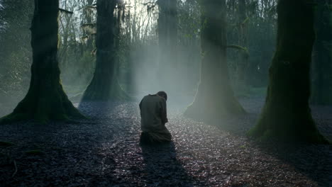 man kneeling in a mystical, foggy forest with light rays