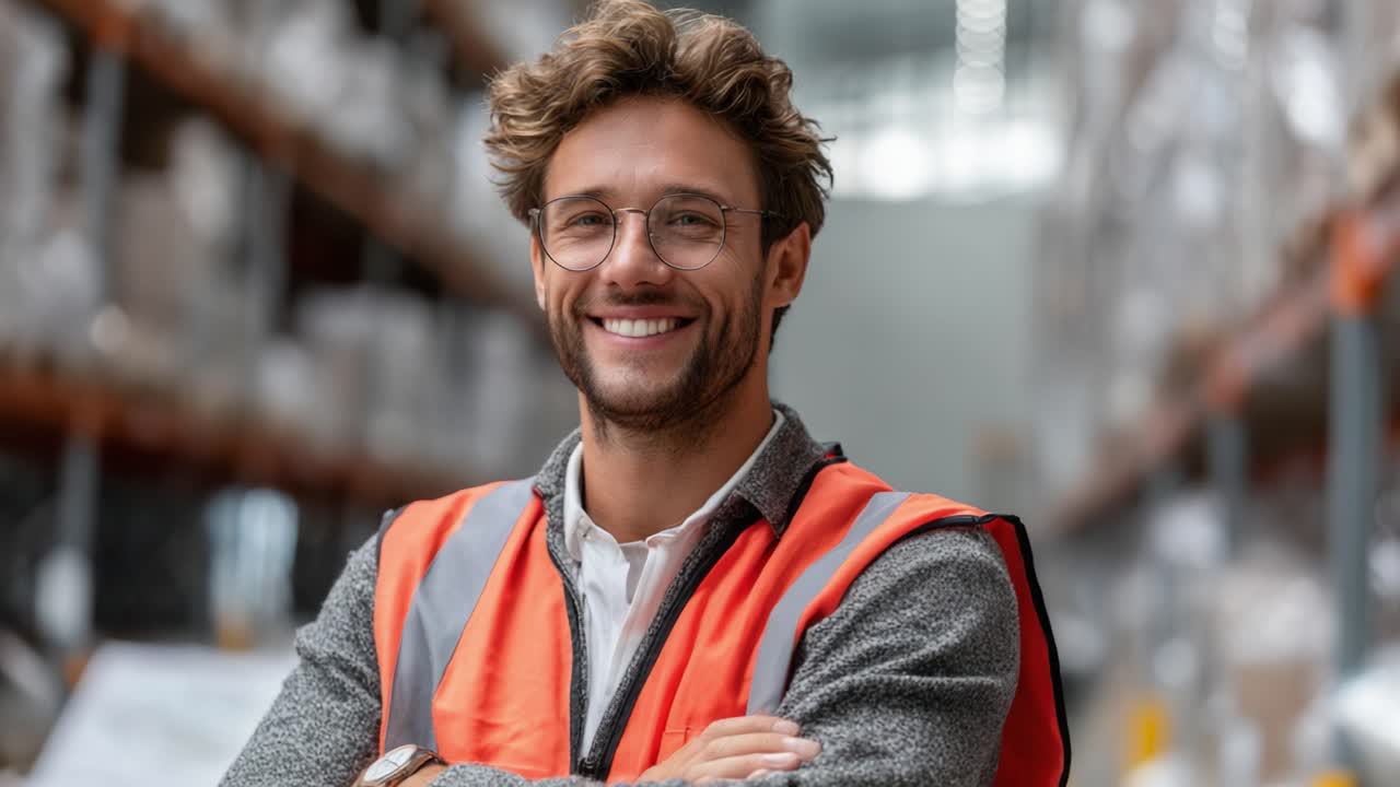 A confident warehouse worker smiles brightly, showcasing dedication and professionalism while dressed in safety gear, highlighting his role in ensuring operational efficiency