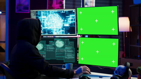 el científico informático deshonesto usa la ia y la pc de pantalla verde para desarrollar malware.