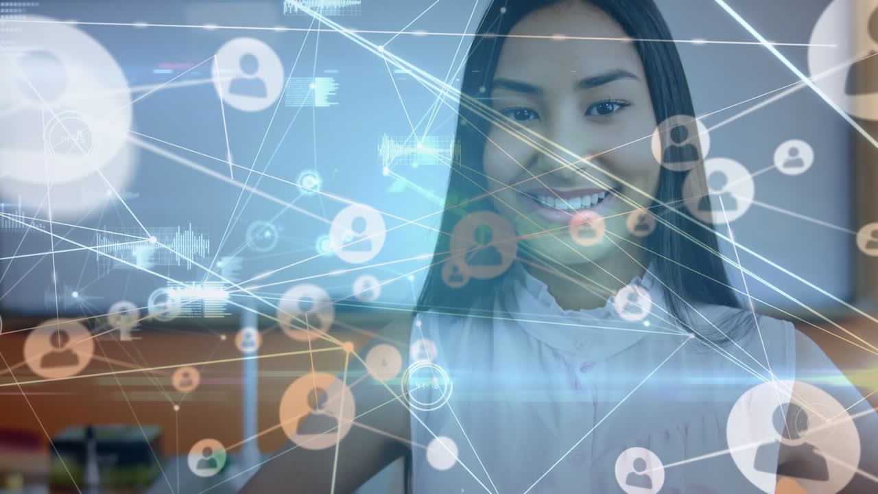 animación de la red de conexiones sobre una adolescente biracial feliz en la escuela