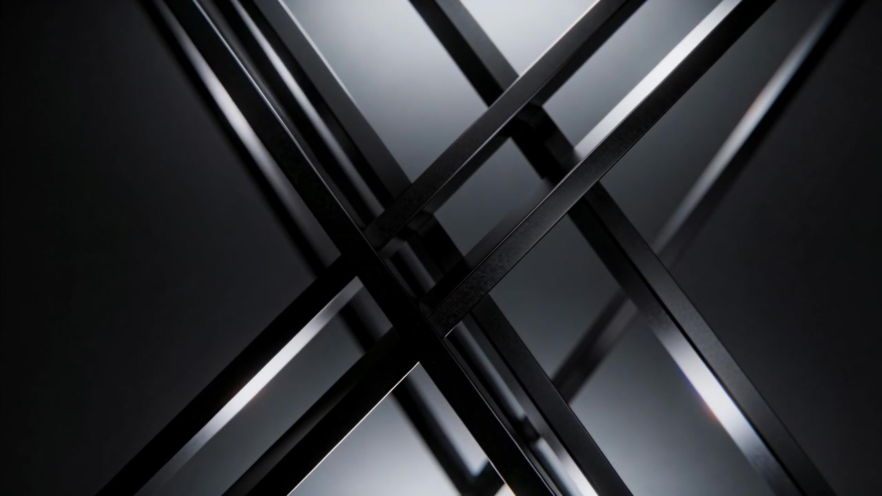 Revealing glossy black beams sliding and rotating in studio backdrop, showcasing geometry