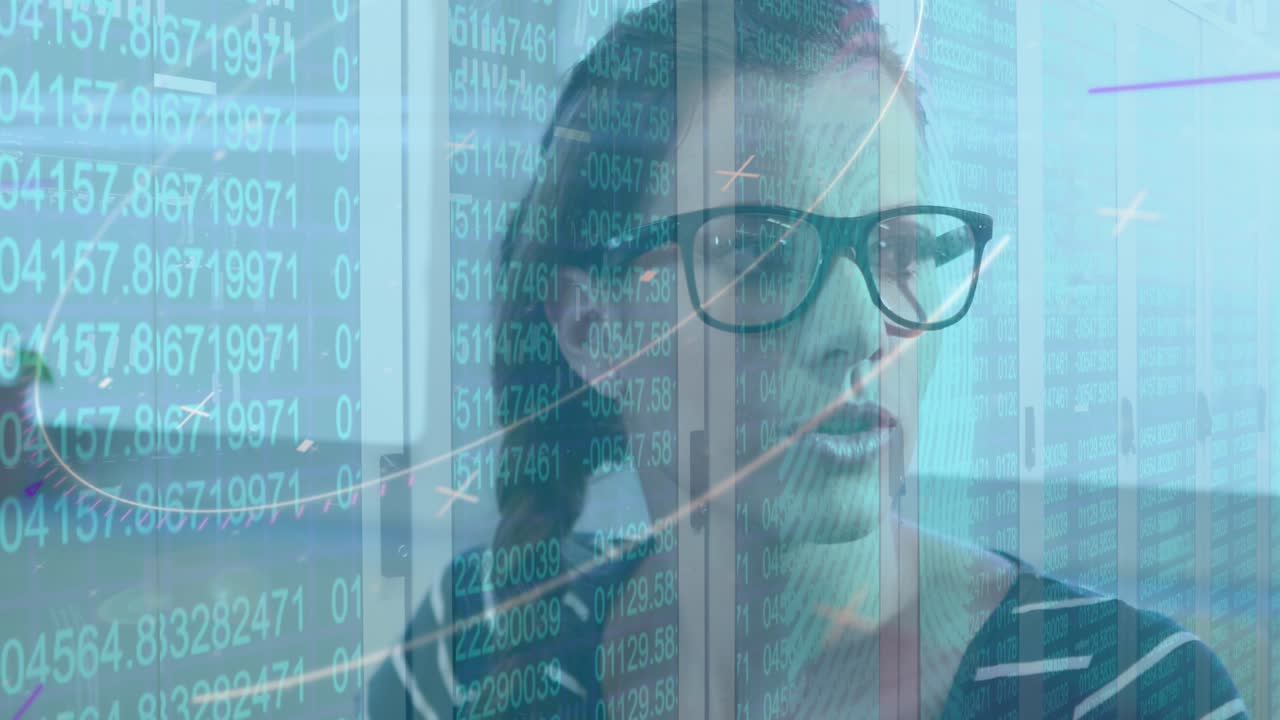 Animation of changing numbers on server room and abstract pattern on diverse coworkers sharing ideas