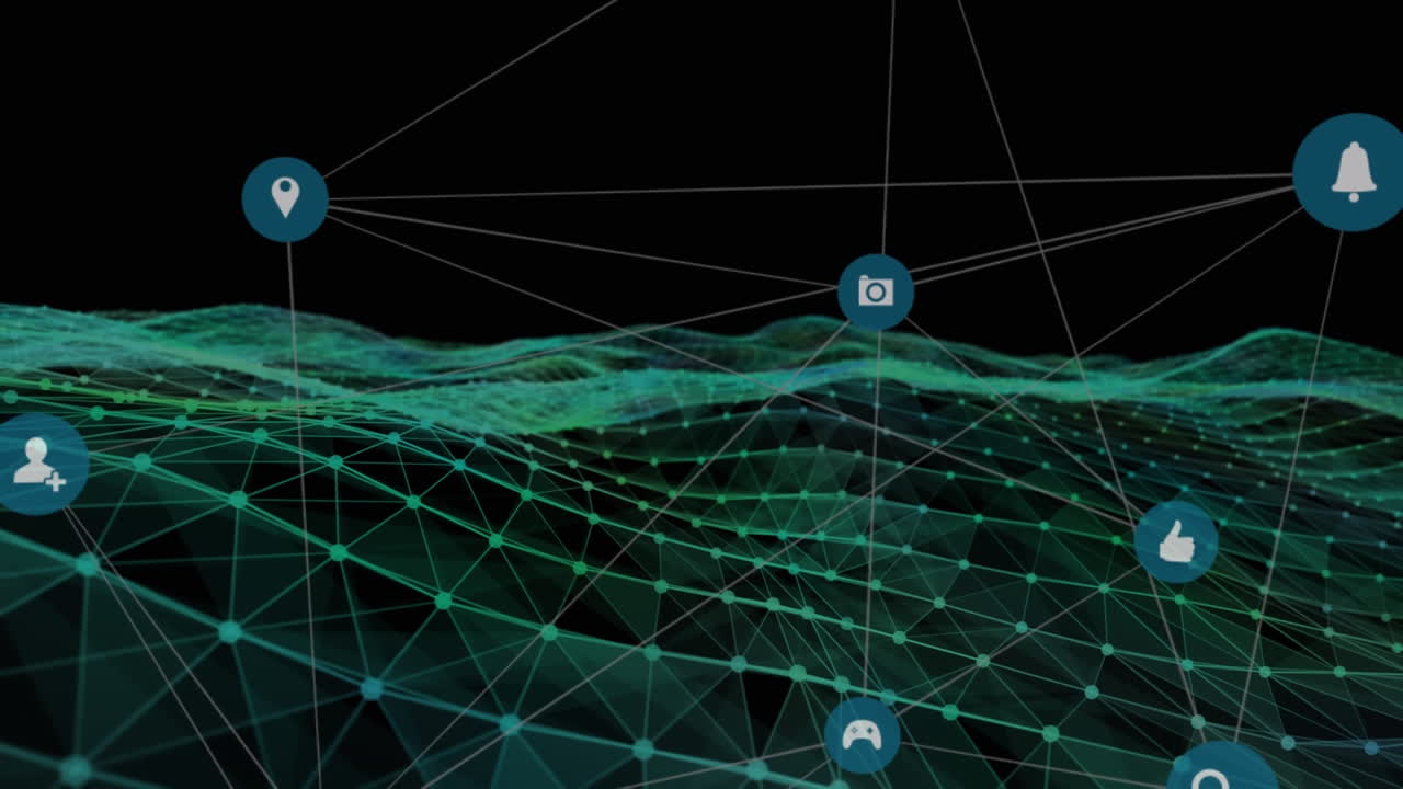 Network of digital icons against digital waves