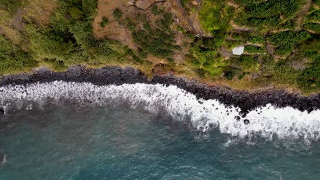 Drift-over-the-rugged-coastline-of-Madeira,-where-towering-cliffs-plunge-into-crystal-clear-waters,-creating-a-mesmerizing-contrast