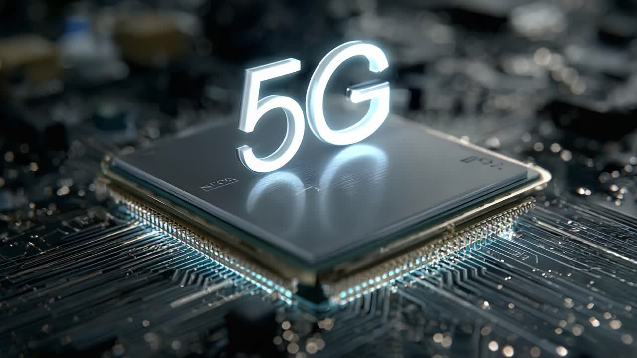 Tecnologia 5G avanzata visualizzata su un microchip ad alte prestazioni con dettagli di circuiti complessi, che evidenziano la velocità e le innovazioni di connettività