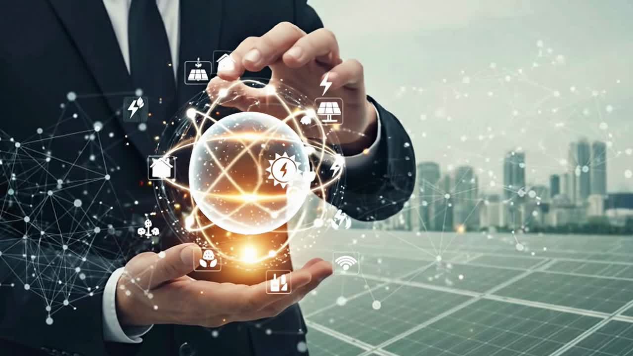 Businessman Holding a Glowing Sphere of Renewable Energy Technology Icons