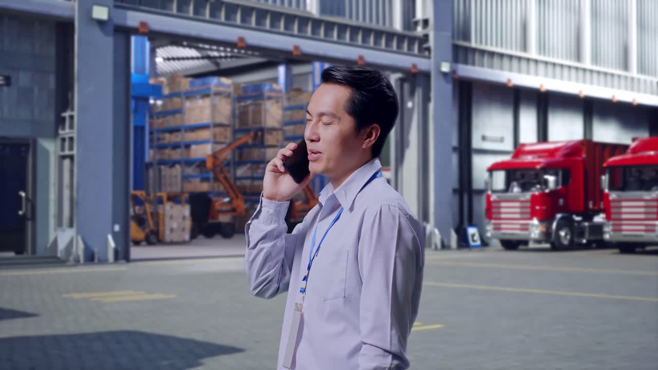 Side View Asian Male Professional Worker Standing, Outside of Logistics Distributions Warehouse, He Pick The Phone Up And Started To Specking To It With A Slicely Smile