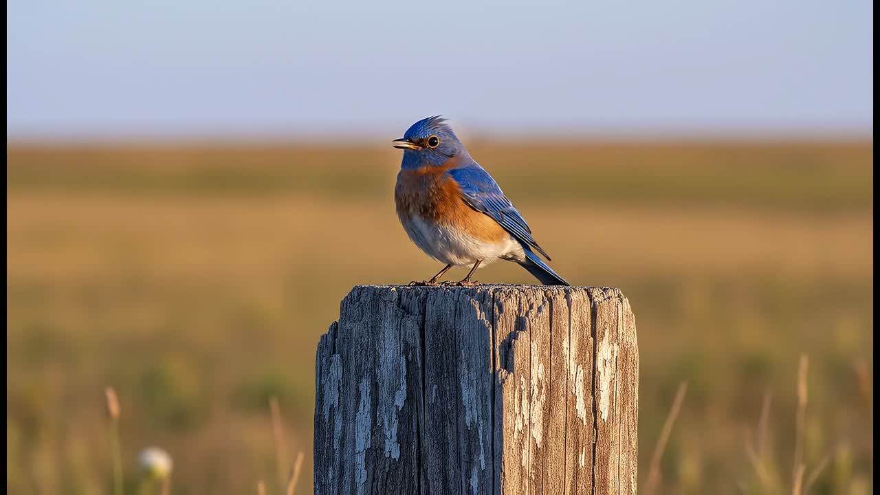 Primo piano di un uccellino blu appollaiato su un palo di legno in un campo aperto sotto una luce naturale soffusa.