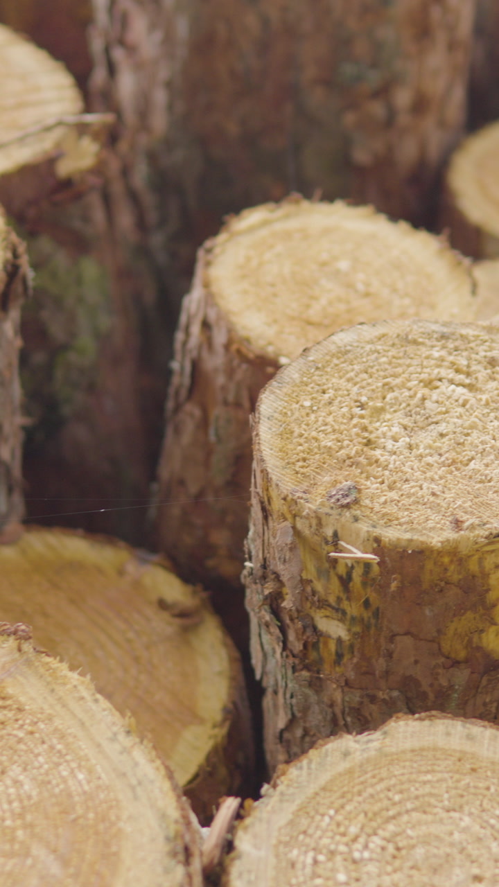 A detailed vertical shot of freshly cut pine logs stacked together, showing wood texture and rings. Ideal for forestry, timber industry, and environmental content.