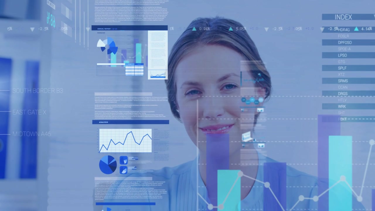 Business analyst writing with pen, causing charts to shift to stacked bars, line for analysis