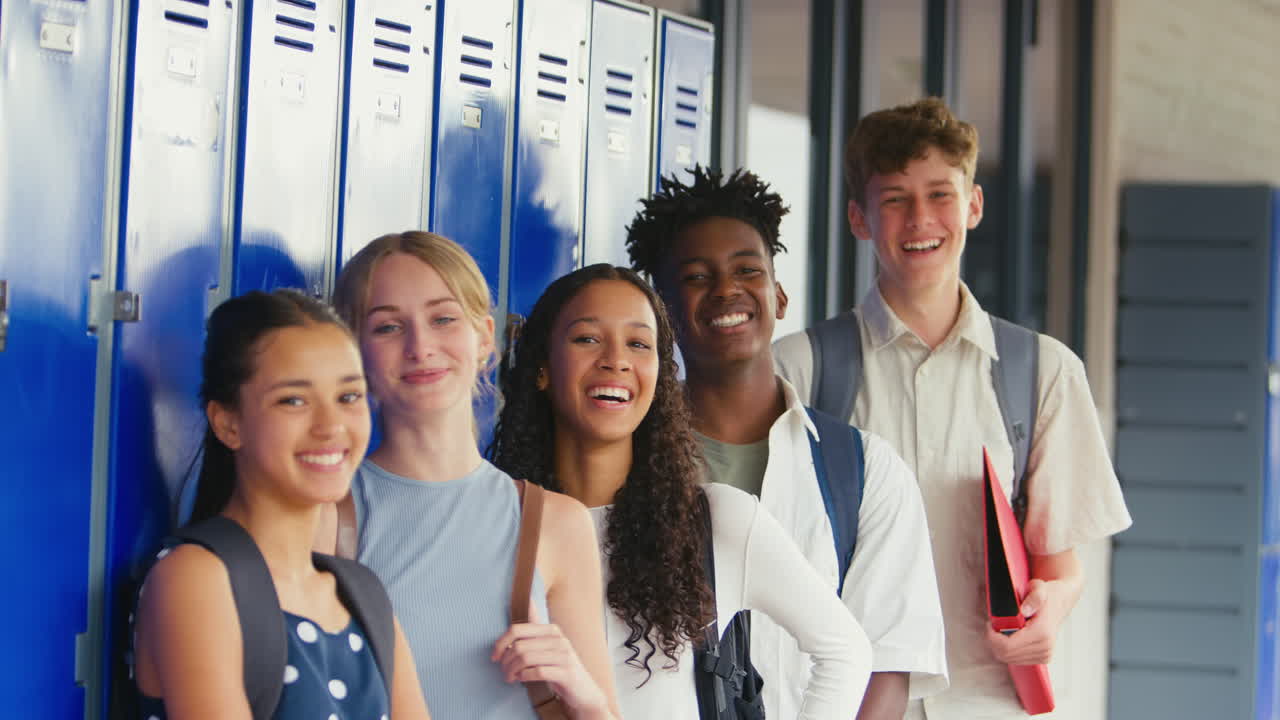 Portrait Of Multi-Cultural High School Or Secondary Students Standing By Outdoor Lockers