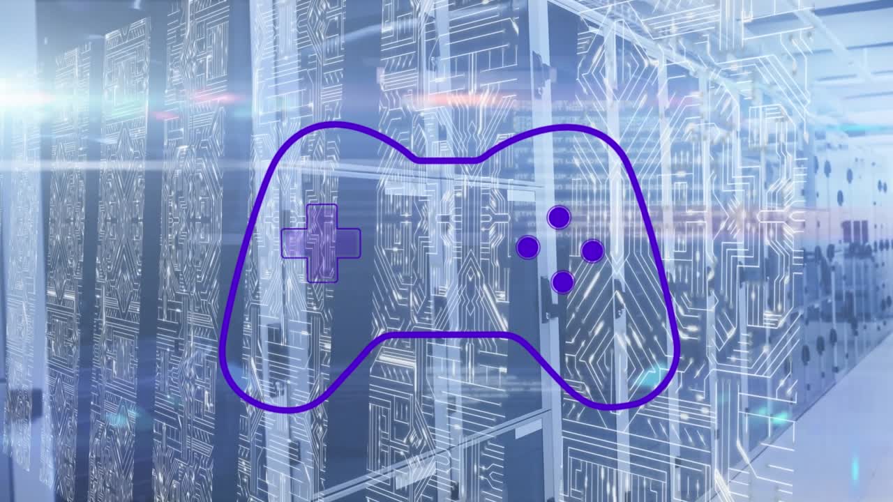 Animation of videogame controller icon and microprocessor connections against computer server room